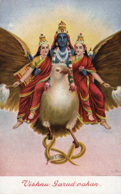 El dios hindú Vishnu, montado en su vehículo Garuda de Raja Ravi Varma